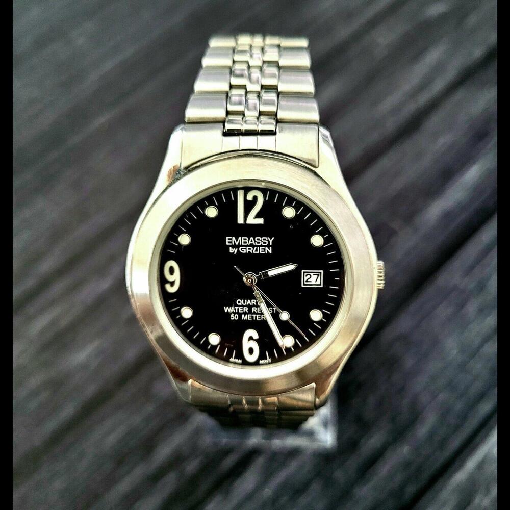 Vintage Embassy Gruen‎ Watch Mens Stainless Black Enamel Dial